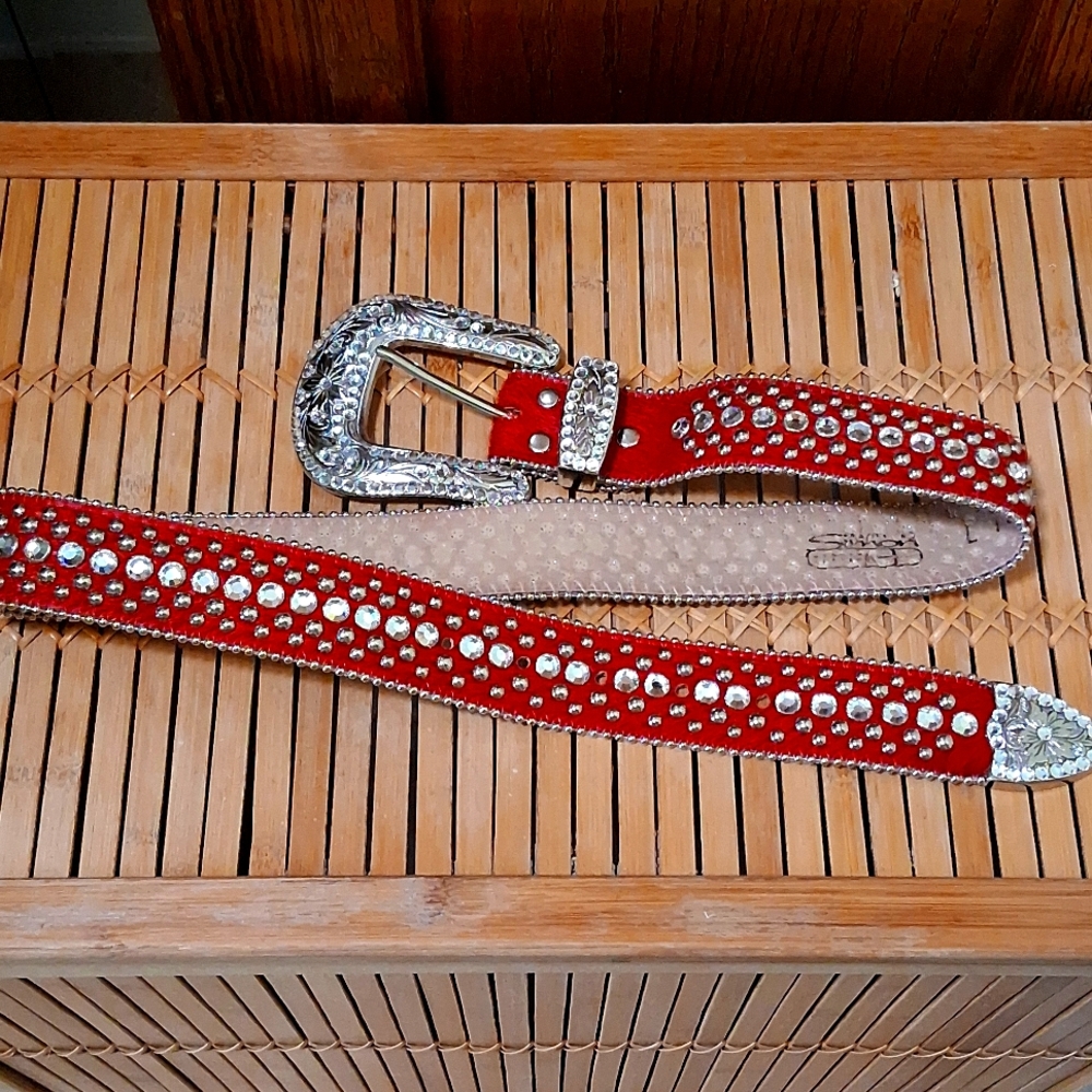 Vintage BB Simon Western Pony Hair Red/Silver Leather Belt W/Crystals Large